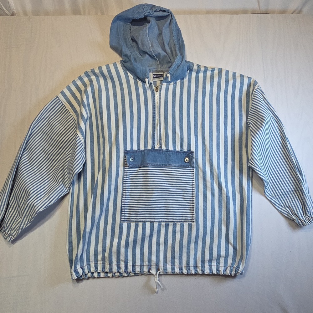Nuovo County Seat Hooded Anorak Jacket Large Blue White Striped 1/4 Zip Cotton